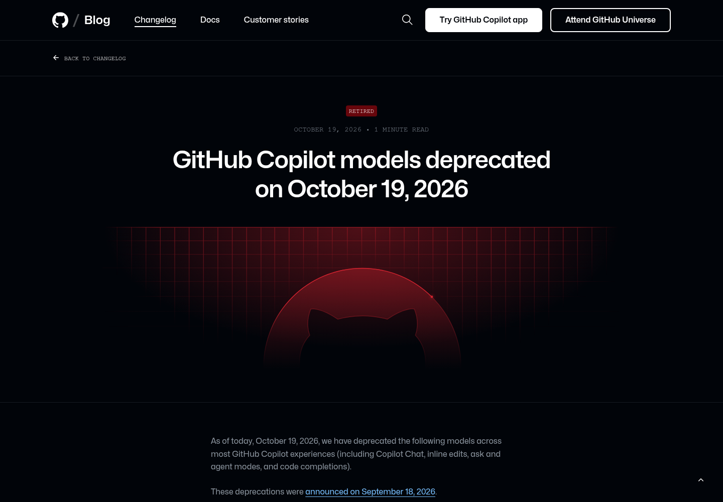 GitHub Changelog announcement page with a Retired badge, an October 19, 2026 dateline, the deprecation post title and hero art, and an intro paragraph stating that six Copilot models were deprecated across most Copilot experiences as announced on September 18, 2026.
