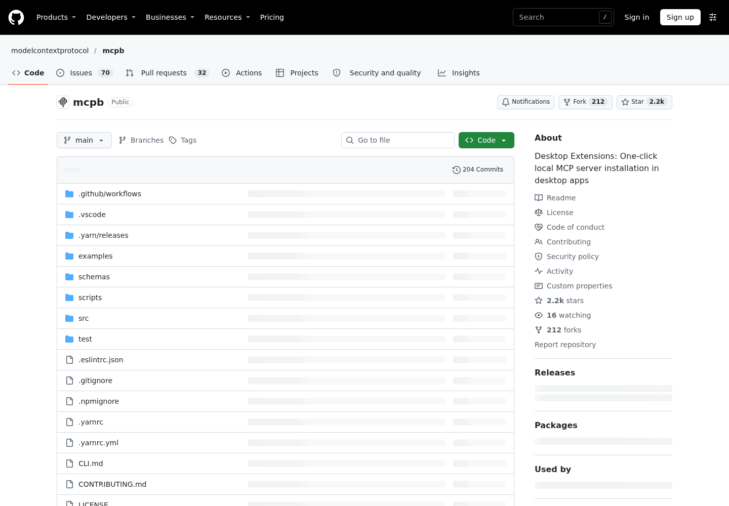 The modelcontextprotocol/mcpb repository page on GitHub, showing the repository header and file listing.