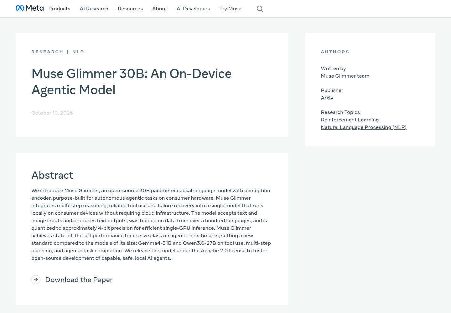Meta AI research publication page for Muse Glimmer 30B showing the abstract describing a 30B parameter agentic model with perception encoder, multi-step reasoning, and tool use capabilities for consumer hardware.