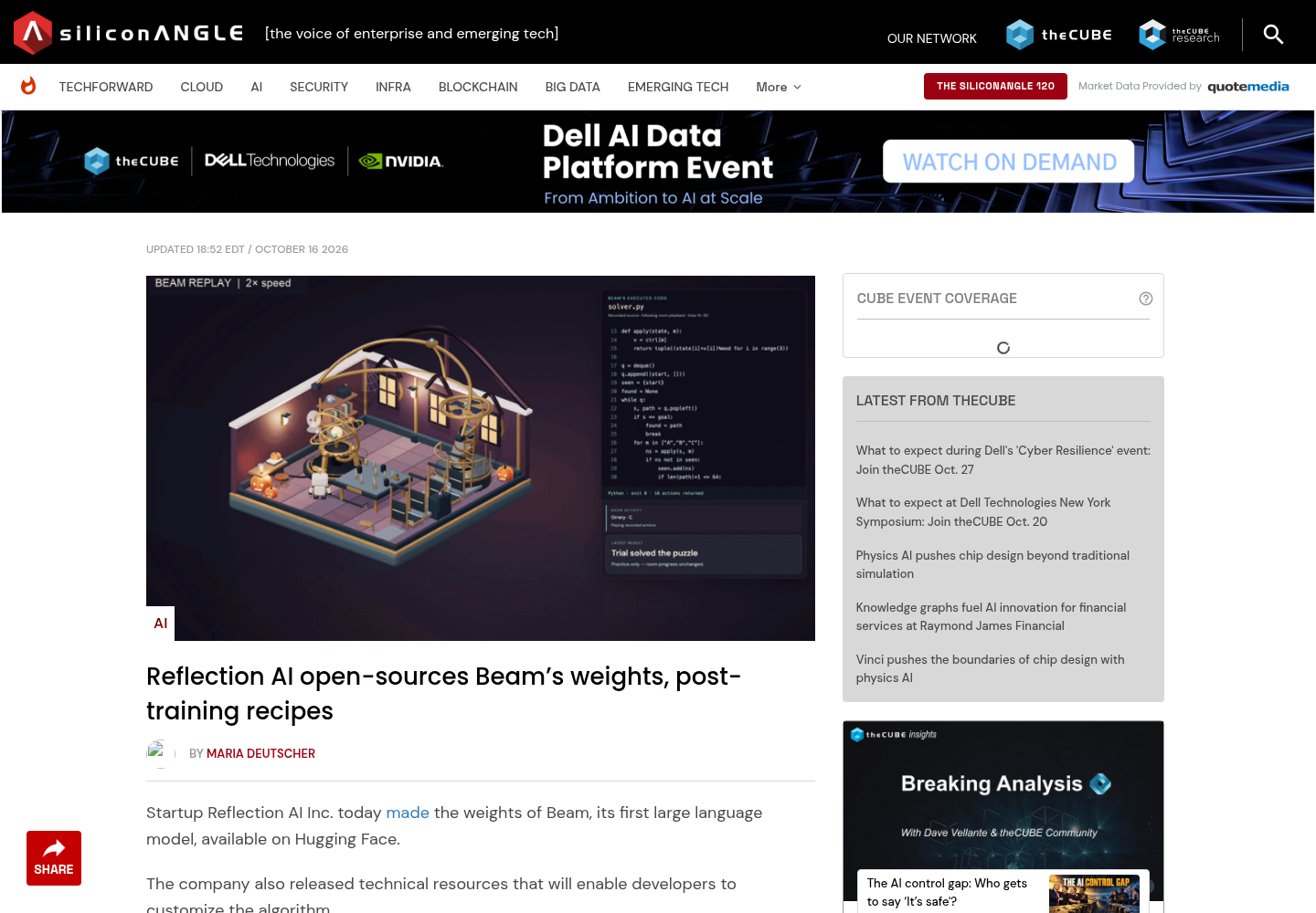 SiliconANGLE article reporting on Reflection AI open-sourcing Beam weights and recipes