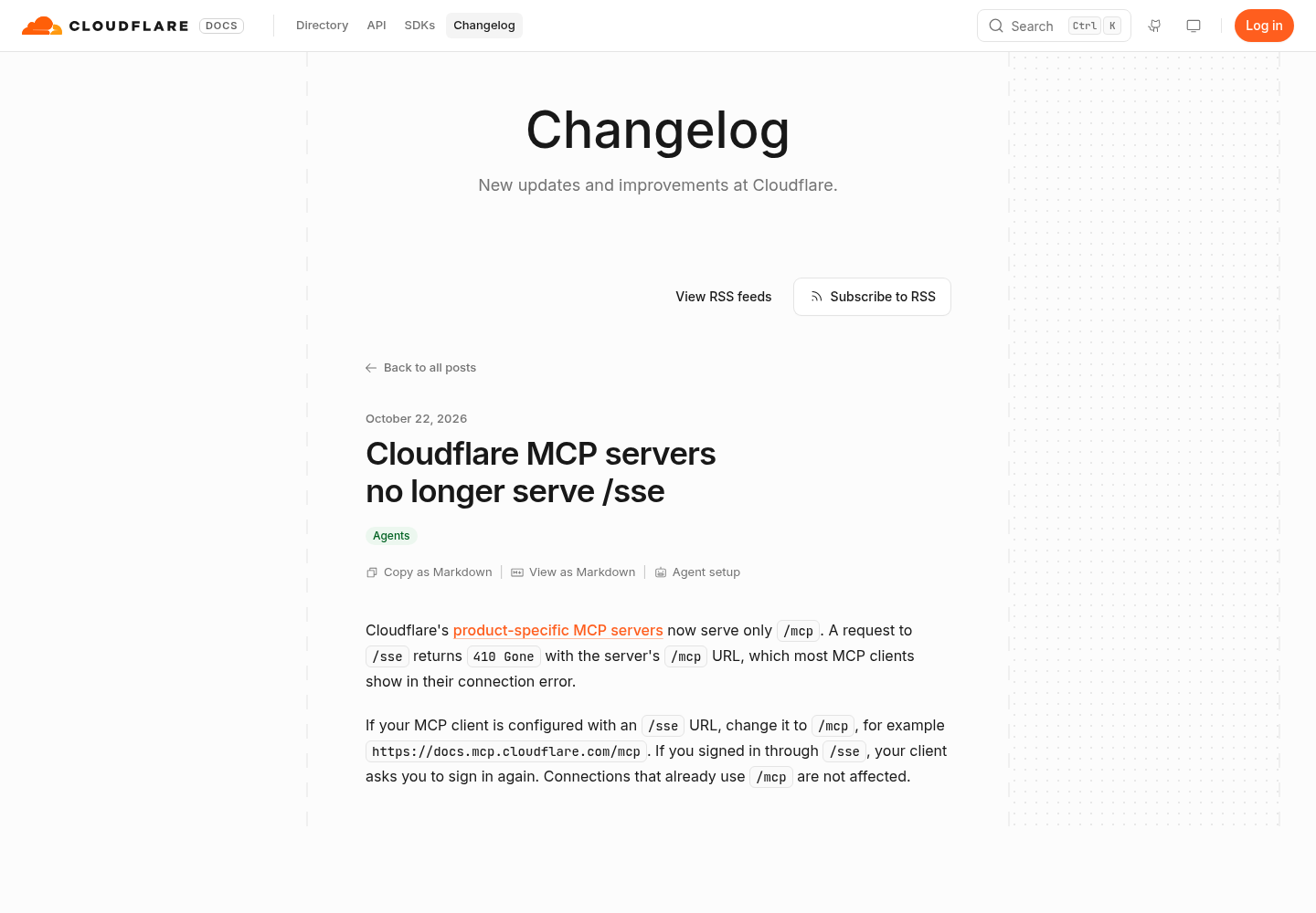 Cloudflare developer changelog page for the October 22, 2026 post titled Cloudflare MCP servers no longer serve /sse, with the short notice text about the 410 response and switching clients to /mcp.