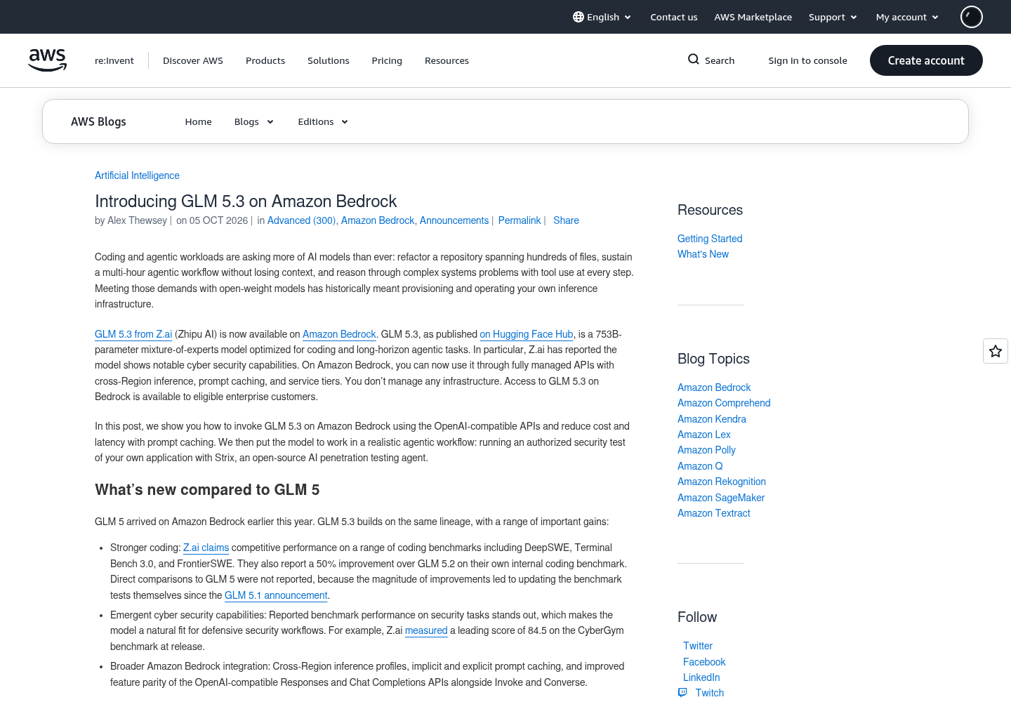 Screenshot of the AWS Machine Learning blog post introducing GLM 5.3 on Amazon Bedrock