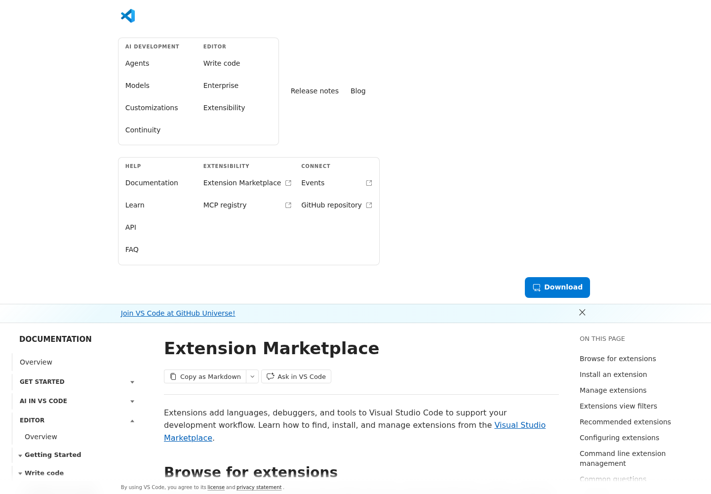 The opening of the Extension Marketplace page in the Visual Studio Code documentation, with the page title and introductory text about finding, installing and managing extensions.