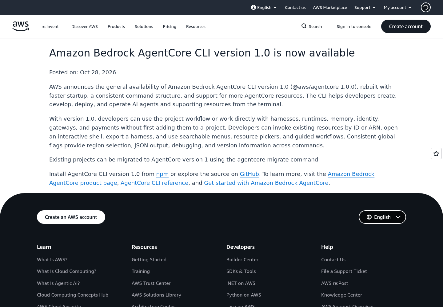 AWS What's New page announcing Amazon Bedrock AgentCore CLI version 1.0 general availability.