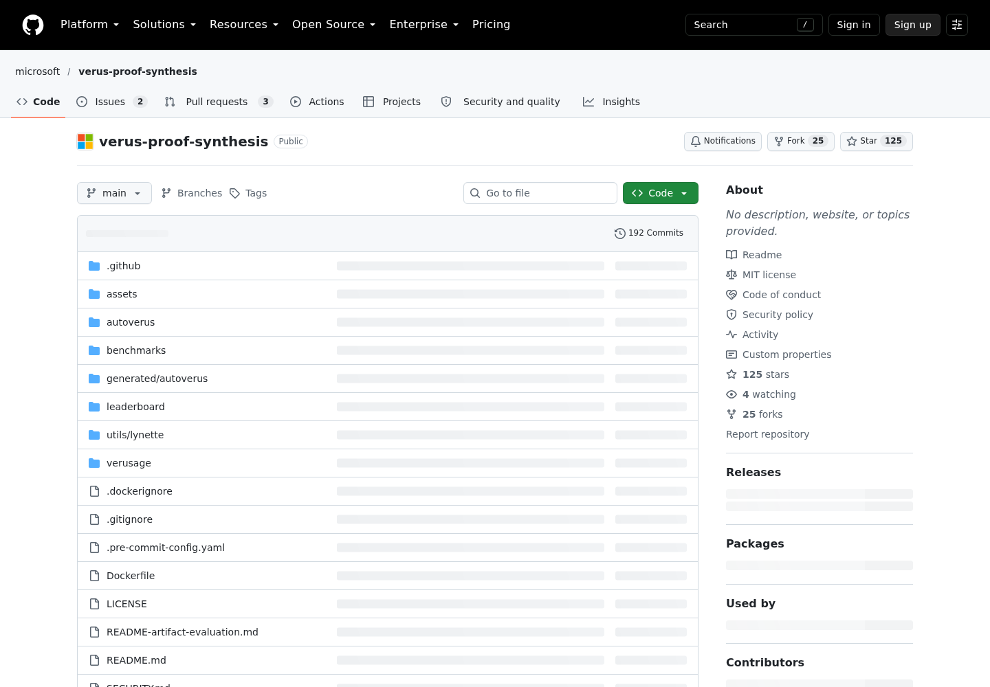 GitHub repository page for microsoft/verus-proof-synthesis showing the Code tab file listing with the autoverus, benchmarks, verusage, generated/autoverus, leaderboard, utils/lynette, .github and assets directories, the About sidebar with MIT license, 125 stars and 25 forks, and 192 commits