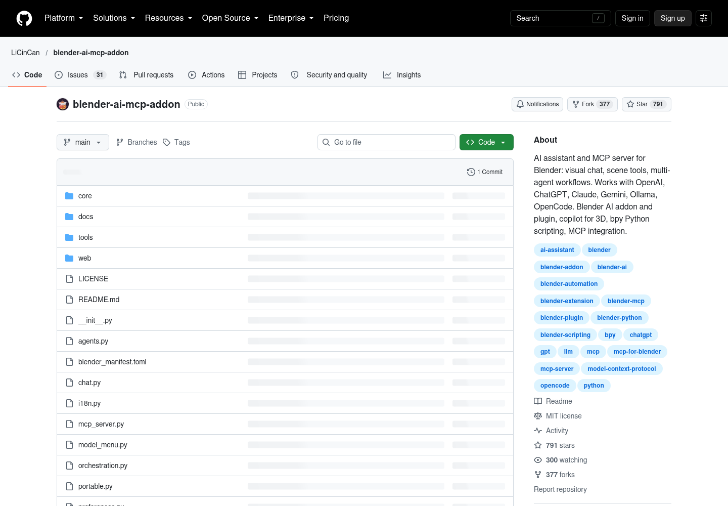 GitHub repository landing page for LiCinCan/blender-ai-mcp-addon showing the Code tab's file tree, the About sidebar with AI and Blender topic tags, and star/watcher/fork counts.