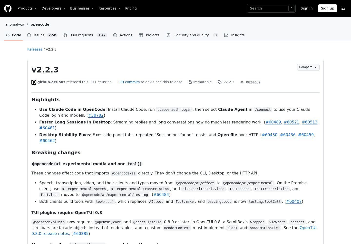 GitHub release page for OpenCode v2.2.3 with release notes listing the Claude Agent provider highlight.