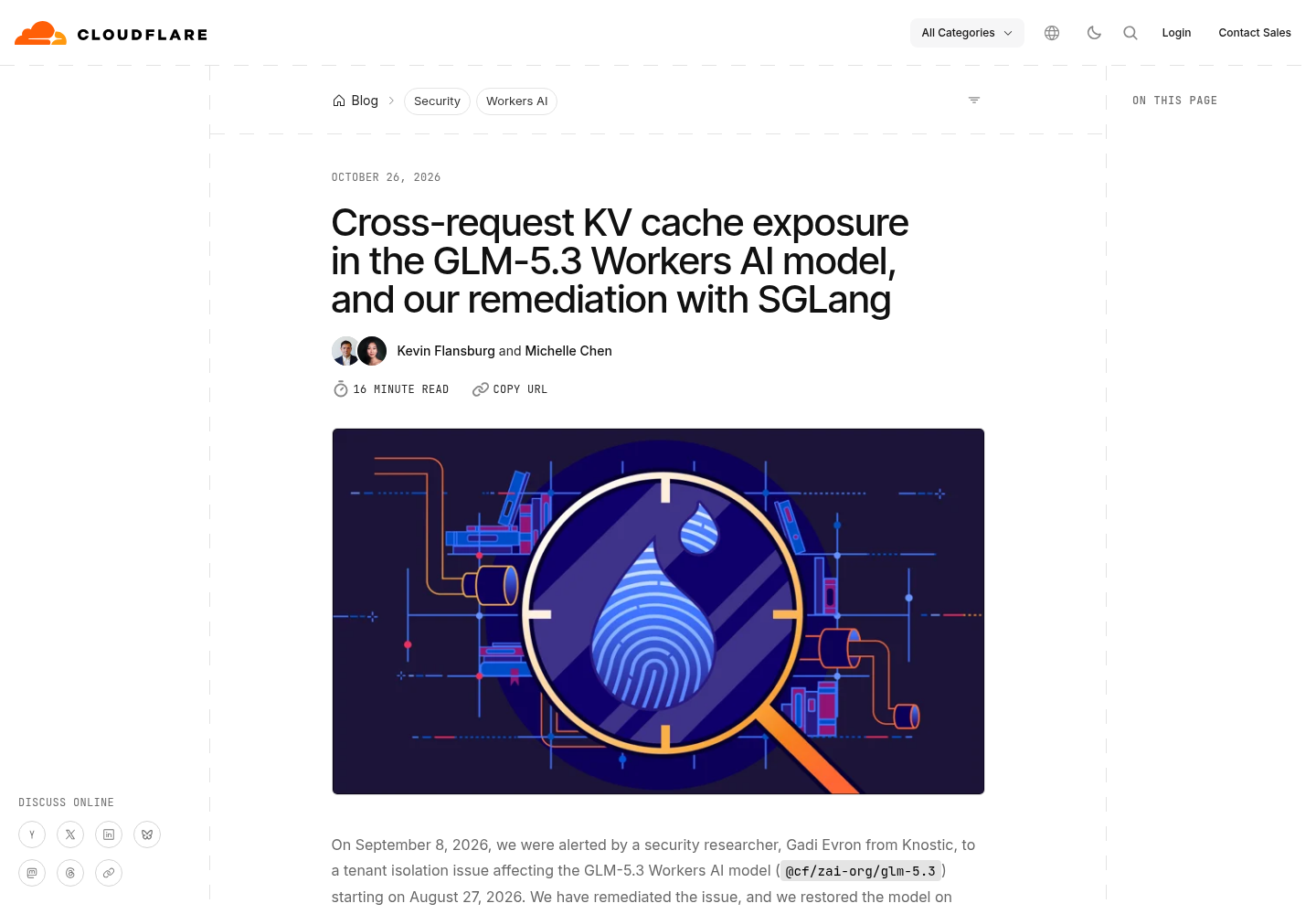 Cloudflare Blog post titled Cross-request KV cache exposure in the GLM-5.3 Workers AI model, and our remediation with SGLang, dated October 26, 2026, showing the headline, the byline for Kevin Flansburg and Michelle Chen, the post's hero illustration, and the opening paragraph reporting the September 8, 2026 alert from Gadi Evron of Knostic.