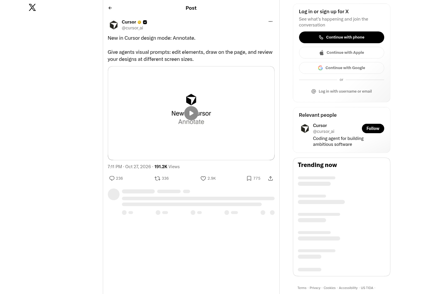 Cursor's official X post from October 27, 2026 announcing the Annotate tool in Design Mode