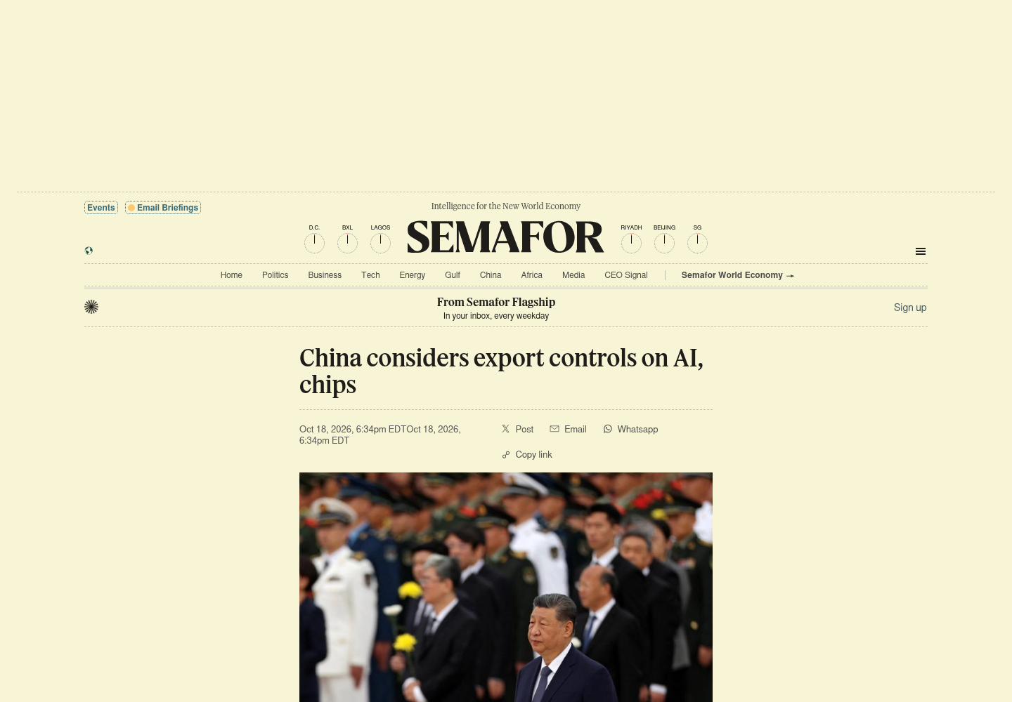 Semafor article page reporting China considers export controls on AI and chips.