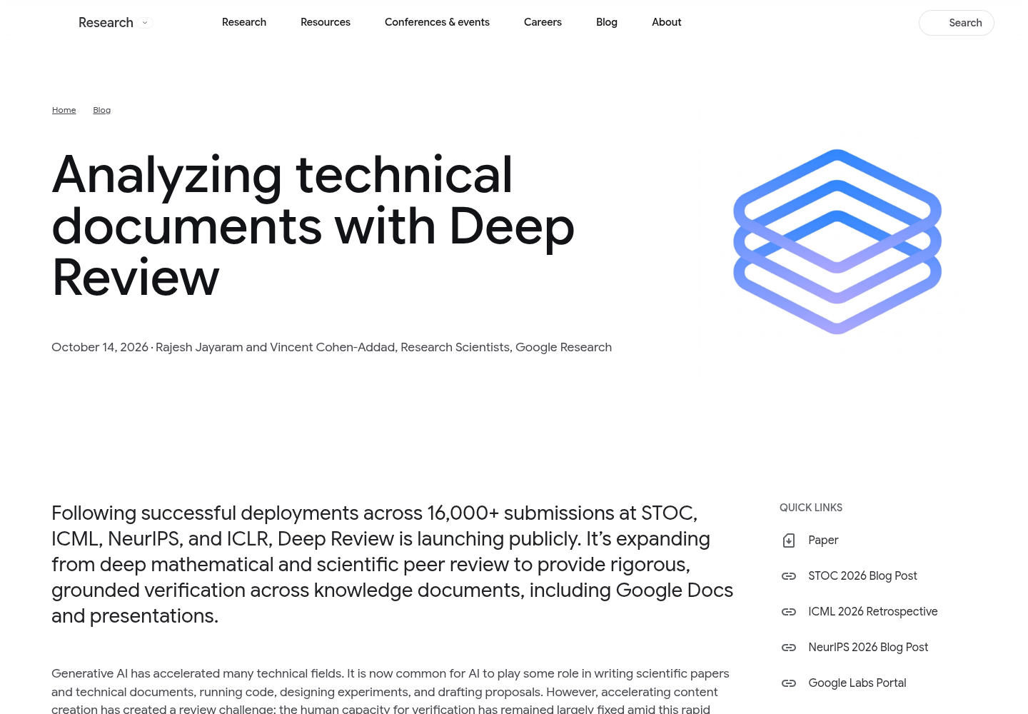 Google Research blog post announcing the public release of Deep Review on October 14, 2026.
