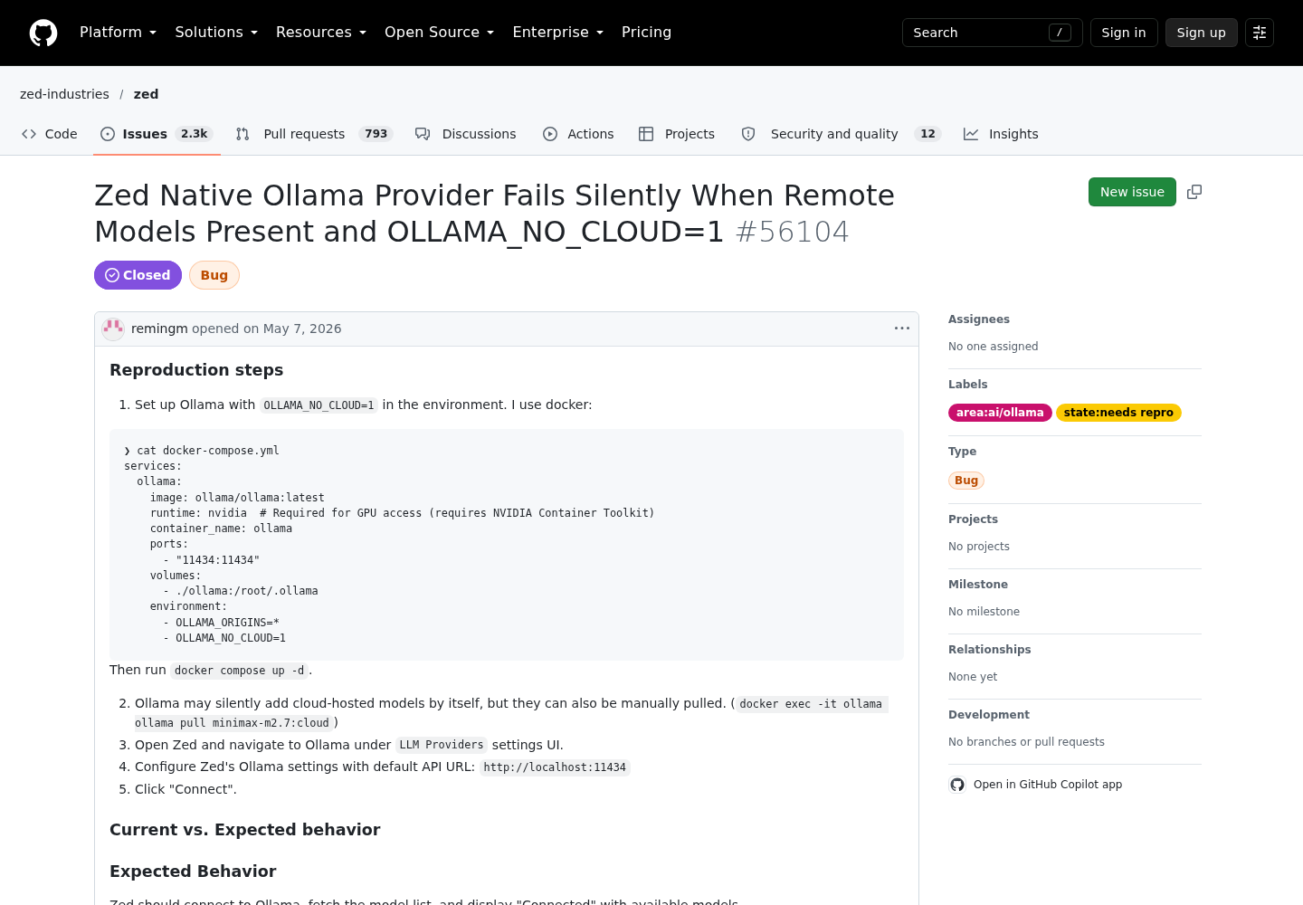 GitHub issue 56104 in zed-industries/zed titled Zed Native Ollama Provider Fails Silently When Remote Models Present and OLLAMA_NO_CLOUD=1.