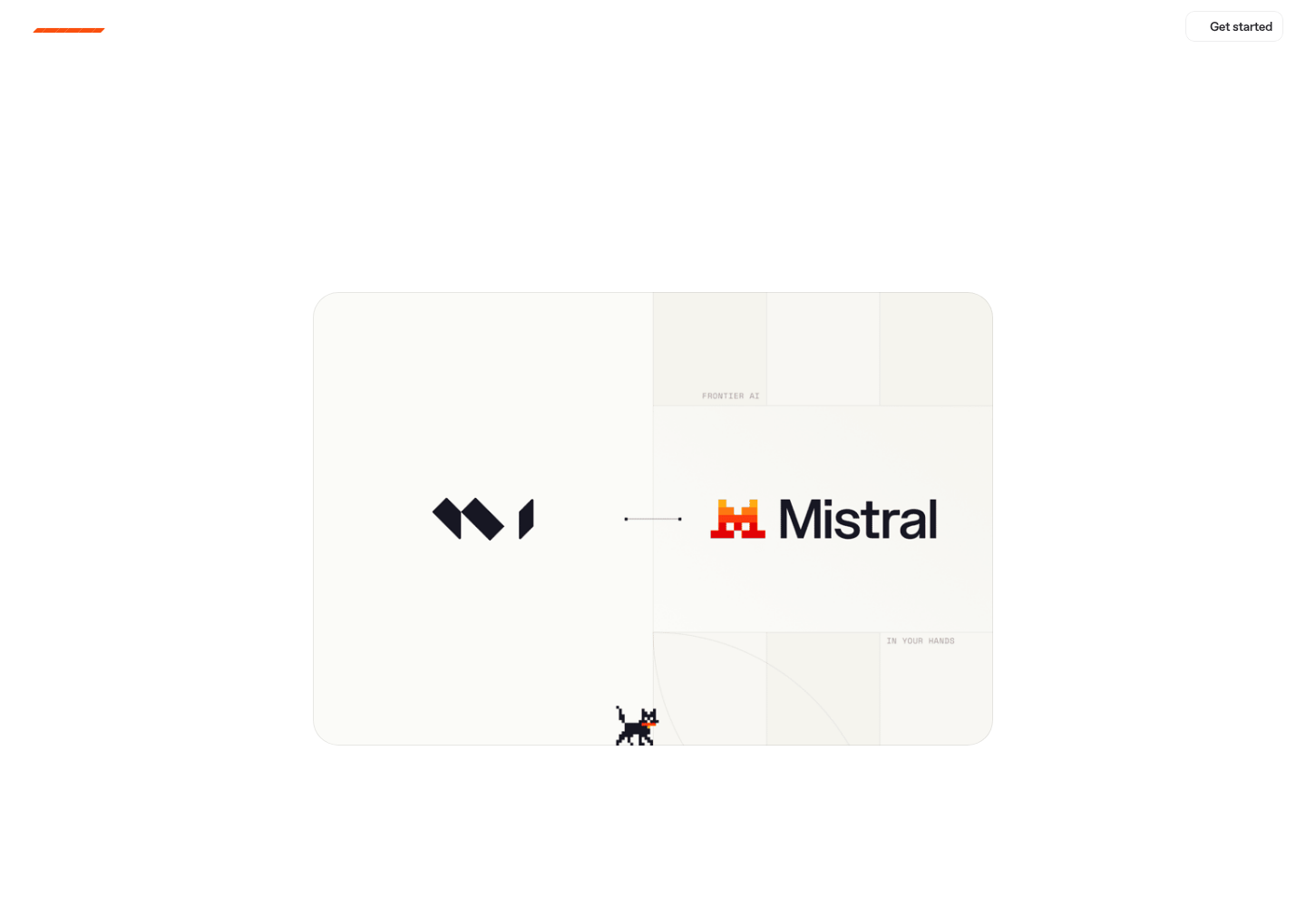 The newmaterial.ai page hero area, showing the New Material and Mistral logo marks connected by a thin line, a small pixel-cat icon, faint 'FRONTIER AI' and 'IN YOUR HANDS' labels, and a rounded 'Get started' button on a minimal light canvas with surrounding whitespace.