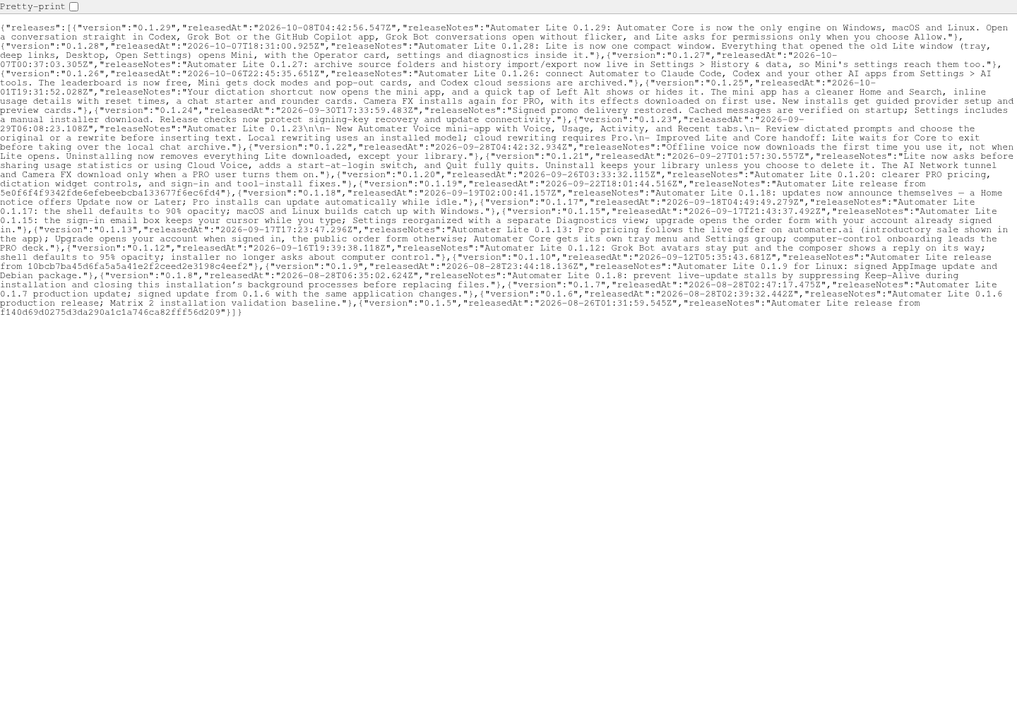 The official Automater Lite releases feed rendered as plain JSON, beginning with the 0.1.29 entry, its releasedAt timestamp of 2026-10-08T04:42:56.547Z, and its release notes text.
