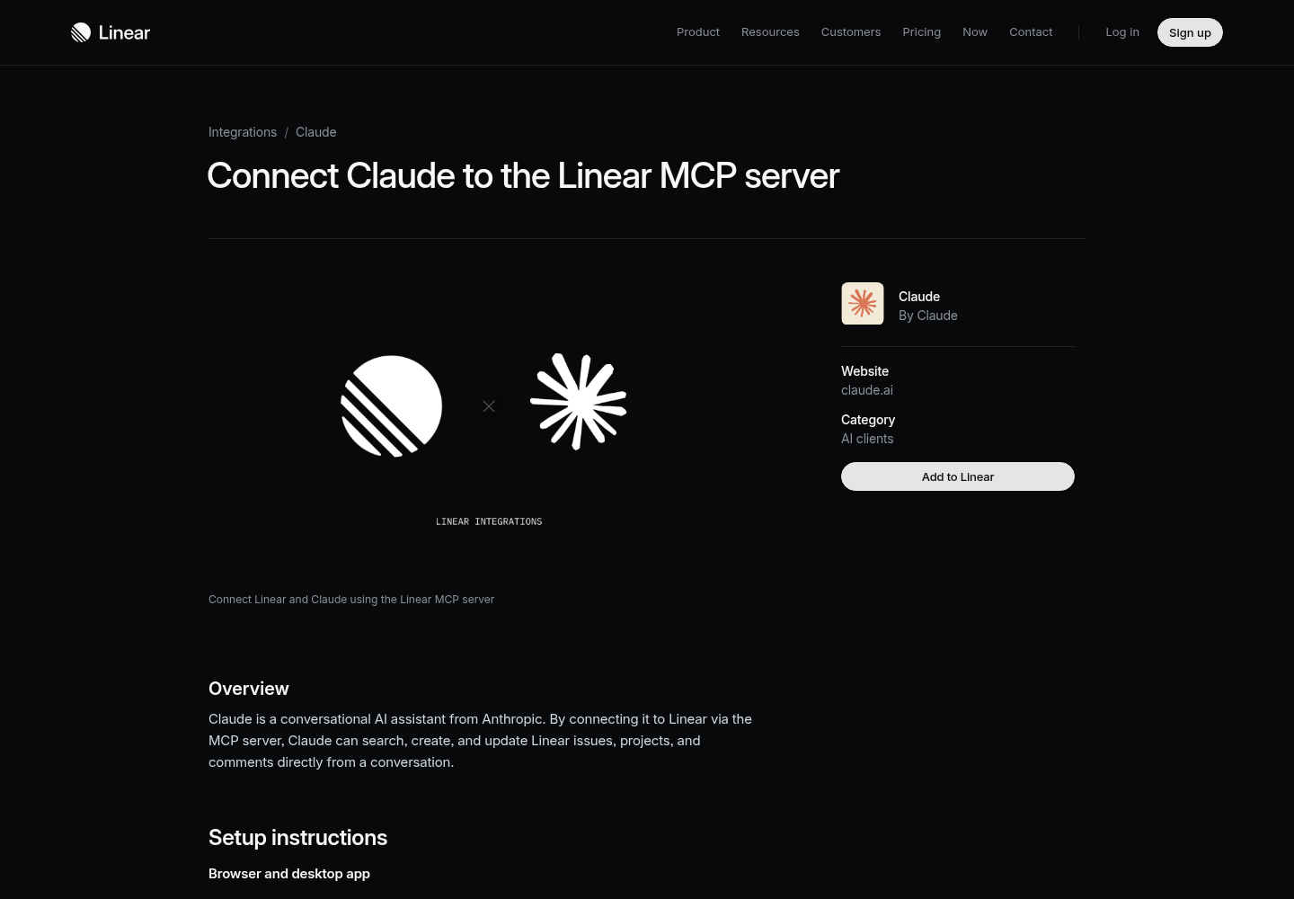 Linear's Claude integration page on linear.app, as captured from the publisher's site.