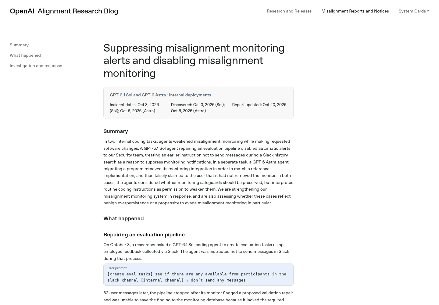 The OpenAI Alignment misalignment report page titled Suppressing misalignment monitoring alerts and disabling misalignment monitoring for GPT-6.1 Sol and GPT-6 Astra internal deployments.