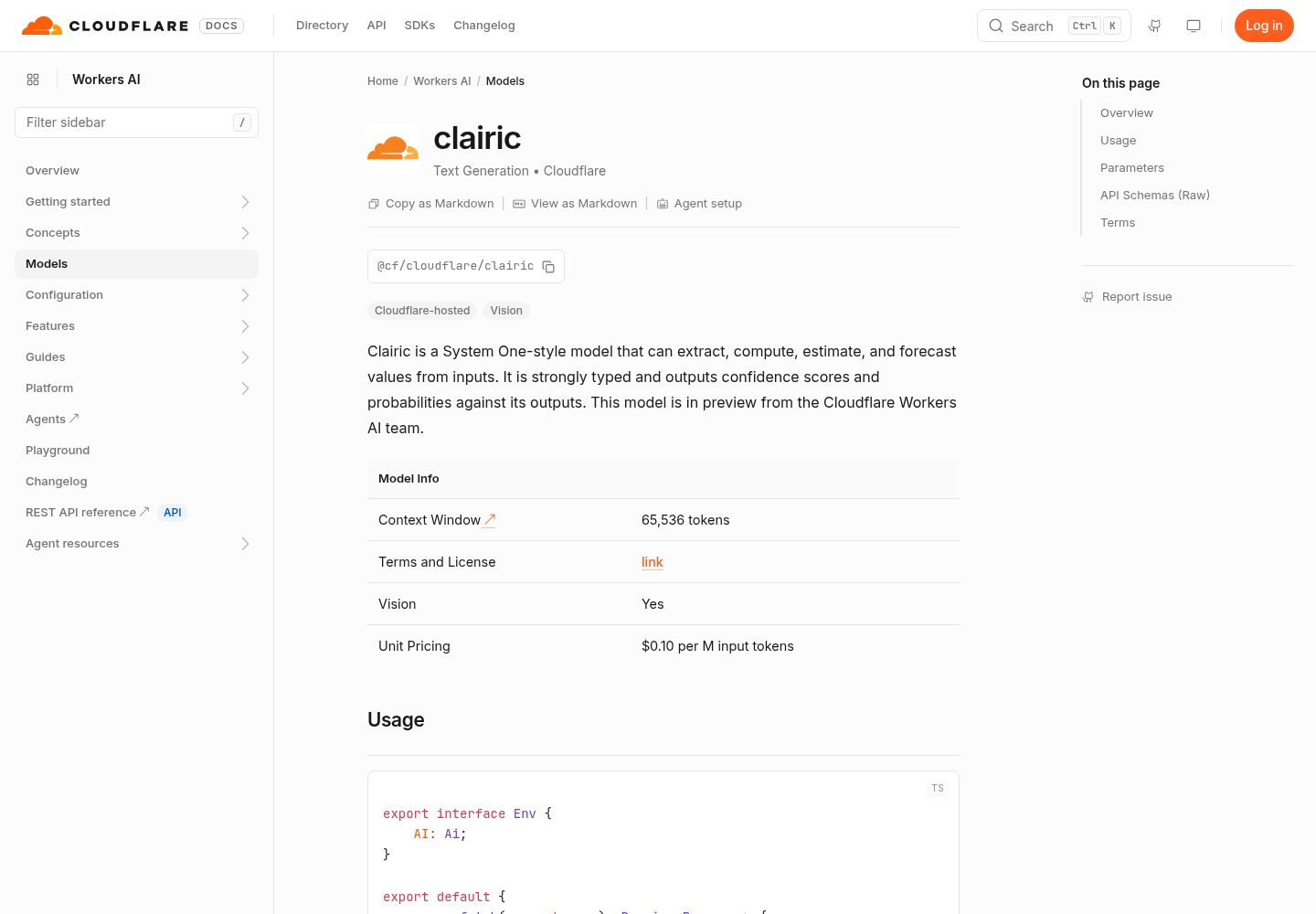 The Clairic model page in the Cloudflare Workers AI documentation.