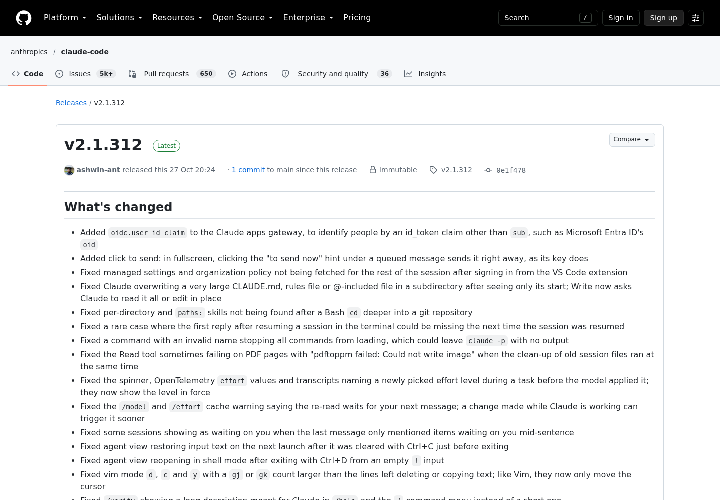 Screenshot of the GitHub release page for anthropics/claude-code v2.1.312, dated 27 Oct, showing the release header and the start of its What's changed notes.