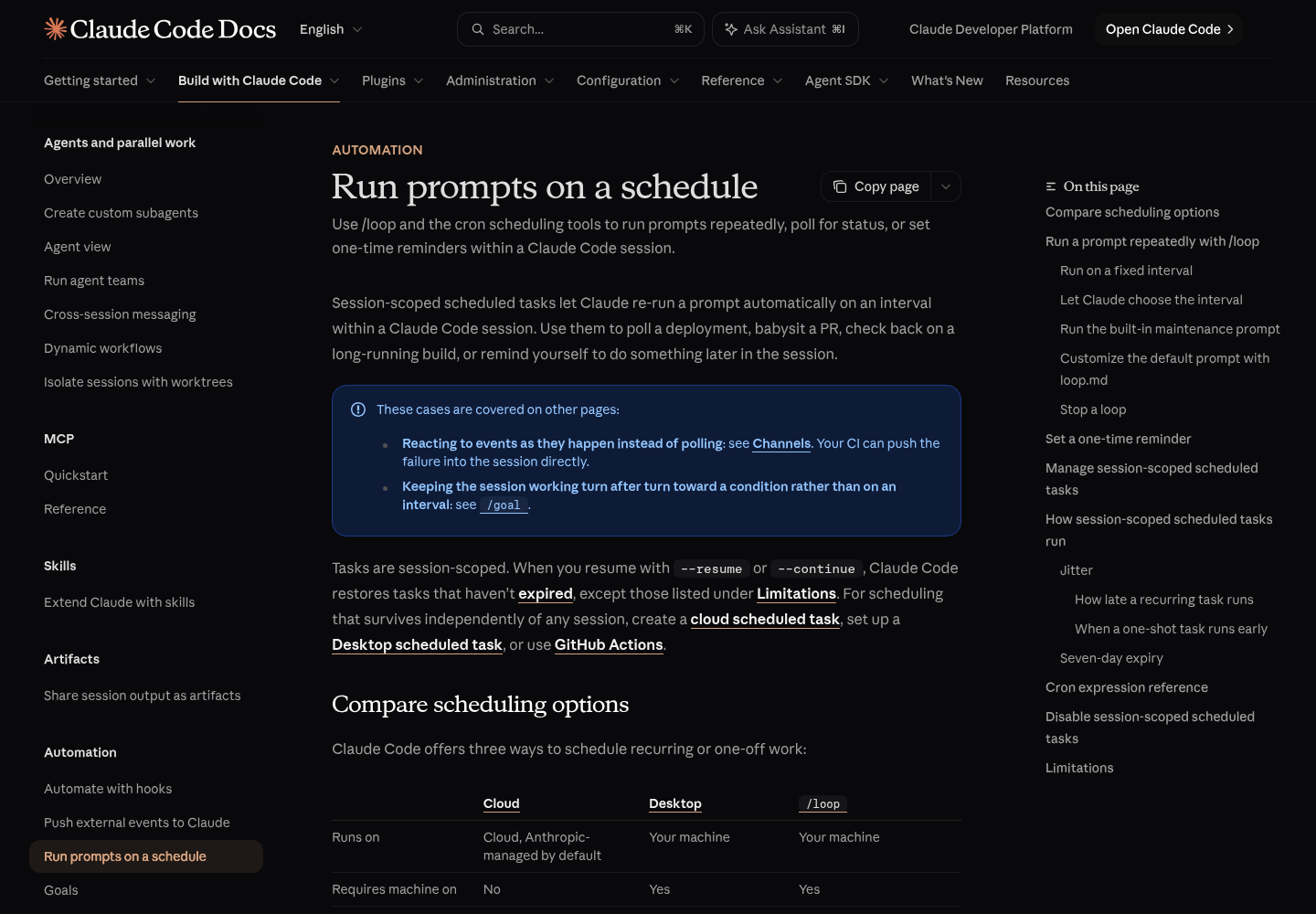 Claude Code Docs page titled Run prompts on a schedule on code.claude.com, showing the top of the page and its introduction to session-scoped scheduled tasks.