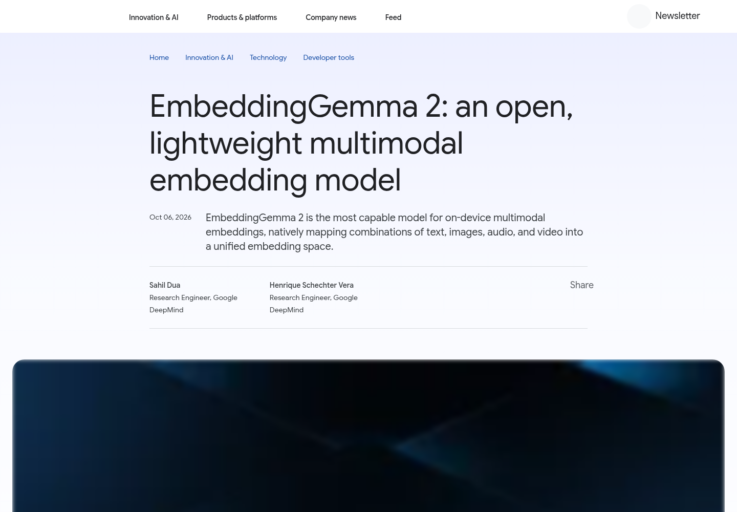 Google DeepMind blog page announcing EmbeddingGemma 2, an open lightweight multimodal embedding model.