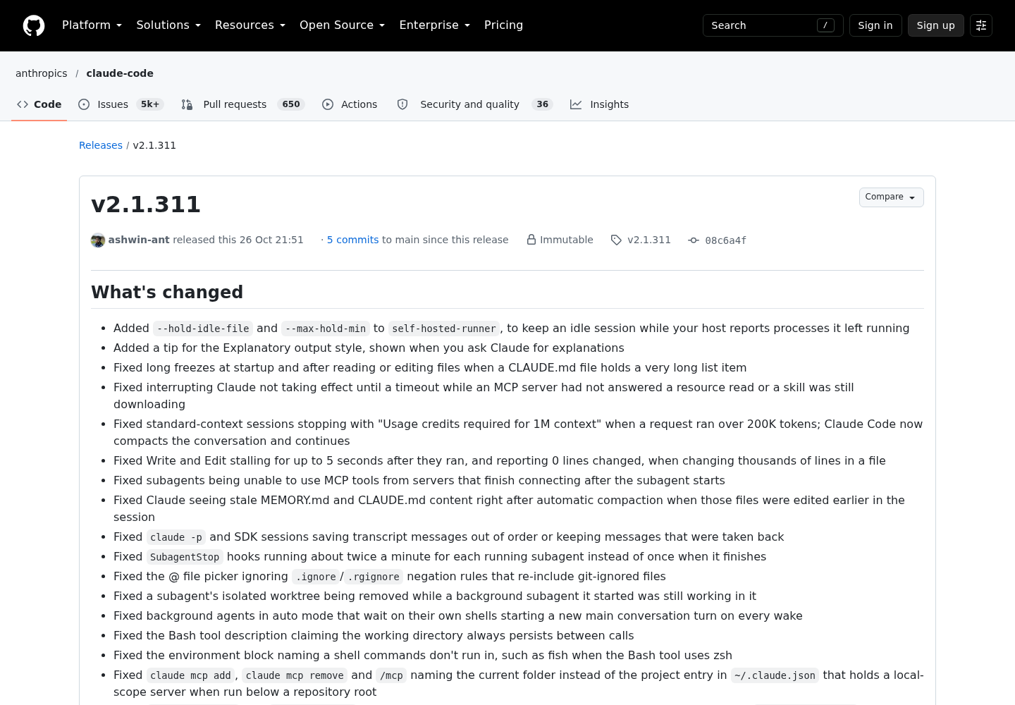 GitHub release page for anthropics/claude-code v2.1.311 showing the release title and the start of its What's changed list.