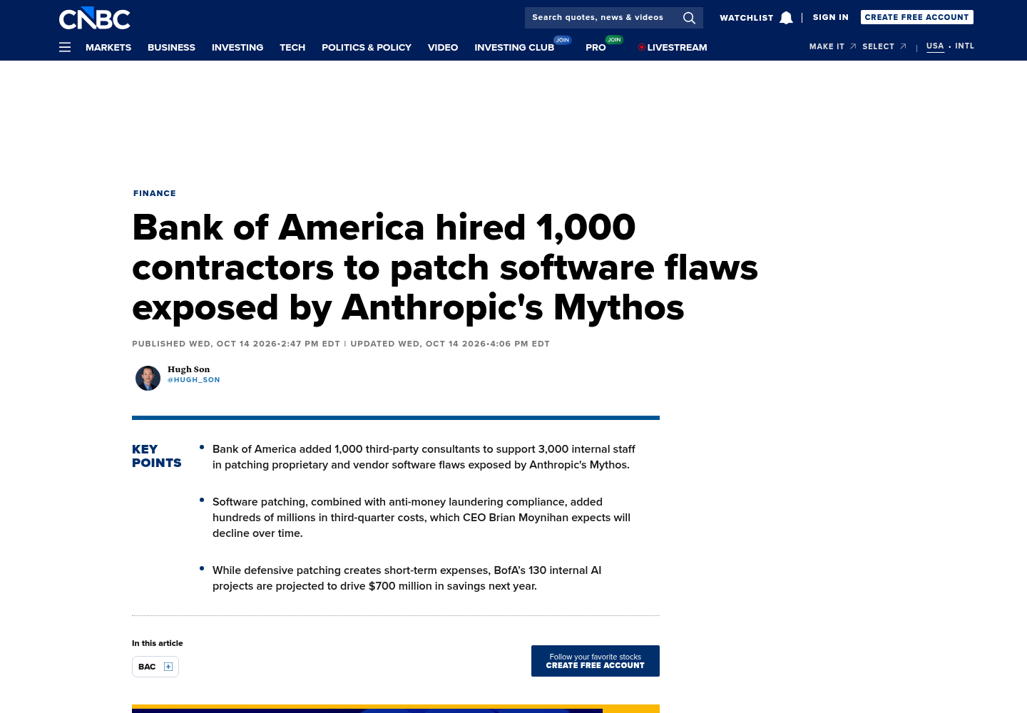CNBC article page headlined 'Anthropic Mythos: Bank of America hired 1,000 contractors to patch flaws,' with key points bullets and an embedded video thumbnail.