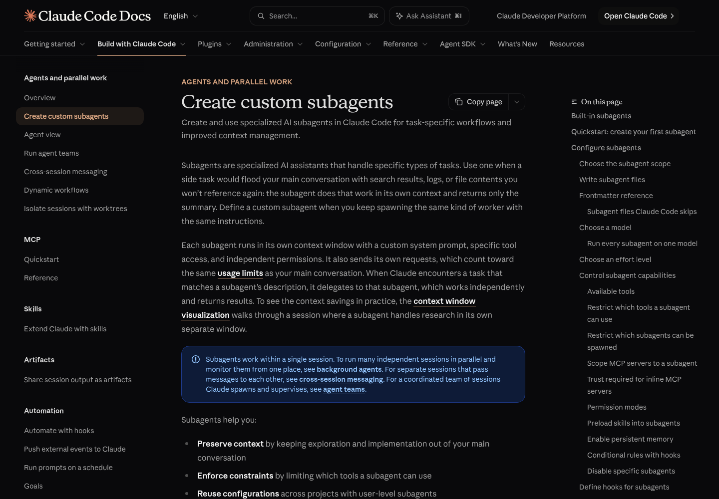 Top of Anthropic's Create custom subagents page in the Claude Code documentation at code.claude.com.