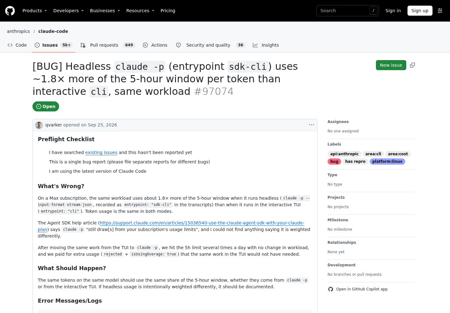 GitHub issue 97074 in the anthropics/claude-code repository, titled as a bug report that headless claude -p (entrypoint sdk-cli) uses about 1.8x more of the 5-hour window per token than interactive cli.