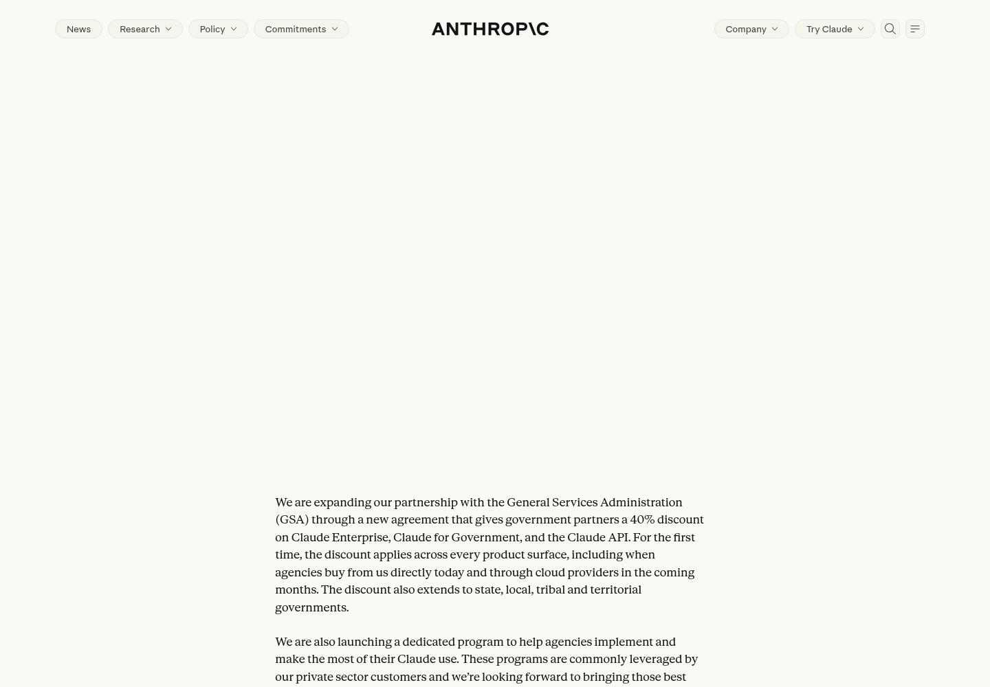 Anthropic's news page announcing the expanded GSA partnership with a 40% Claude discount for all levels of U.S. government.