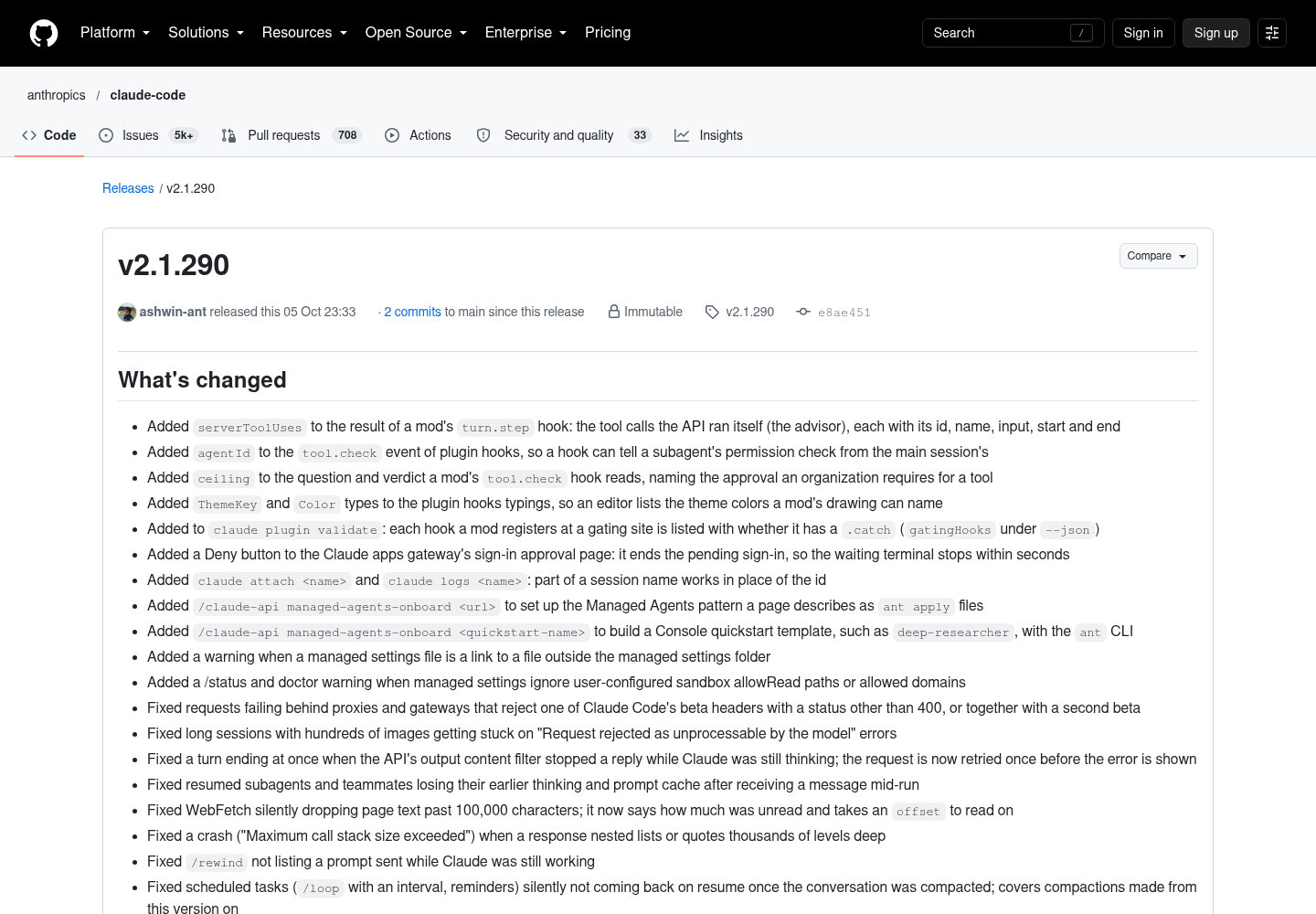 Claude Code 2.1.290 release notes on GitHub showing new features and bug fixes.