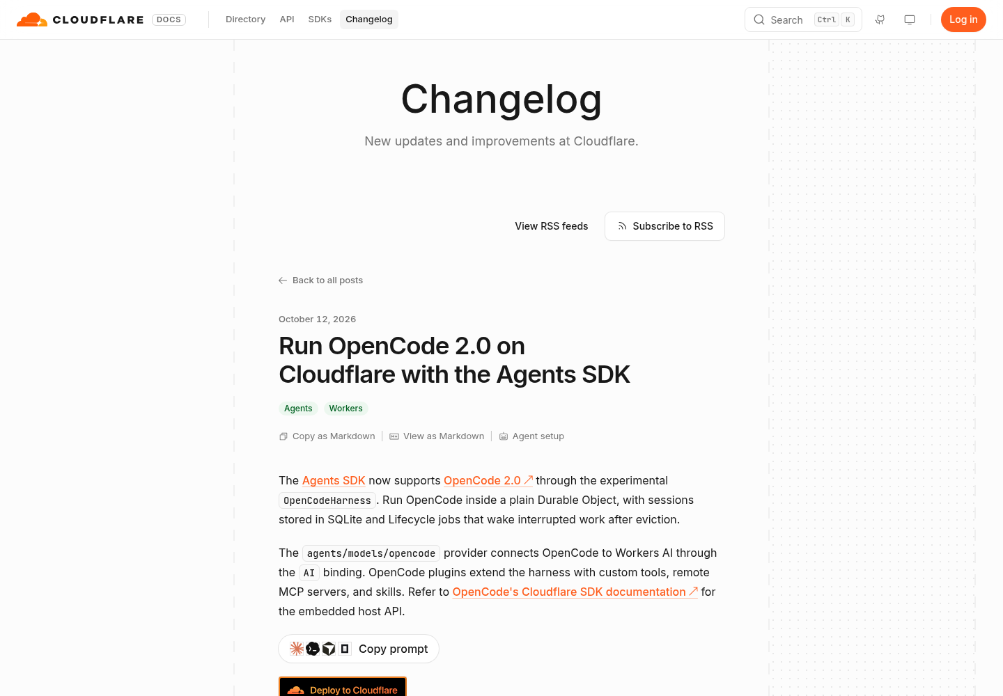 Cloudflare docs changelog page showing the October 12, 2026 entry titled Run OpenCode 2.0 on Cloudflare with the Agents SDK, with Agents and Workers tags and the opening paragraphs describing the experimental OpenCodeHarness, SQLite sessions and Lifecycle jobs.