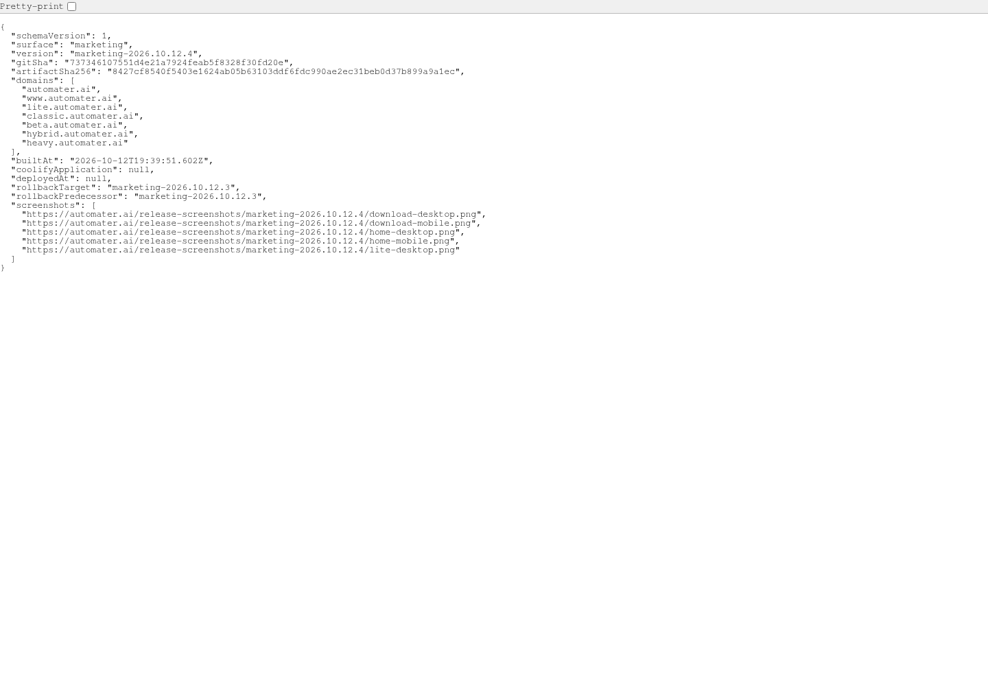 Raw JSON of the Automater marketing release manifest showing version marketing-2026.10.12.4, builtAt 2026-10-12T19:39:51.602Z and rollback target marketing-2026.10.12.3.