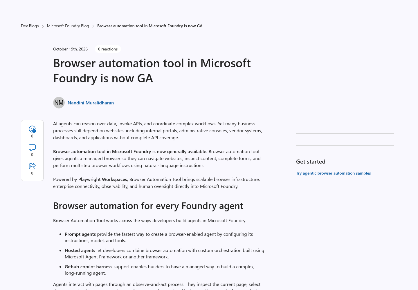 Microsoft Foundry Blog announcement page for browser automation tool general availability.