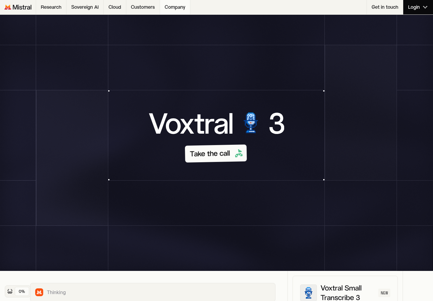 Mistral Voxtral 3 announcement page showing the Voxtral 3 hero banner with "Take the call" button, the top of the live voice agent demo with a "Thinking" transcript panel, and the Voxtral Small Transcribe 3 model card.