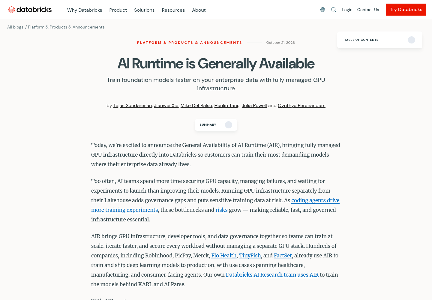 Screenshot of the Databricks blog post announcing AI Runtime general availability, showing the headline, summary, and opening paragraphs describing managed GPU infrastructure for training models on governed enterprise data.