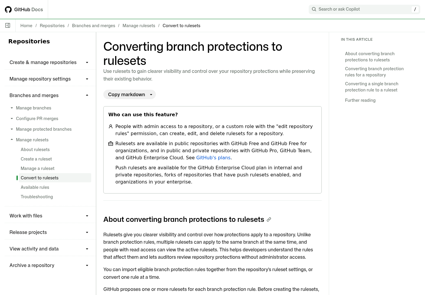 GitHub Docs page titled Converting branch protections to rulesets.
