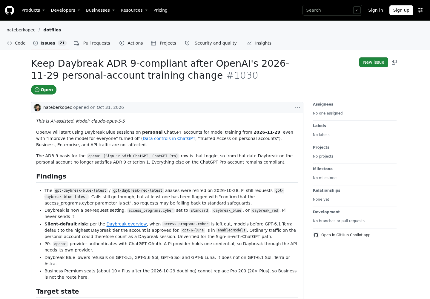 GitHub issue titled 'Keep Daybreak ADR 9-compliant after OpenAI's 2026-11-29 personal-account training change', showing a findings list, target-state table and task checklist.