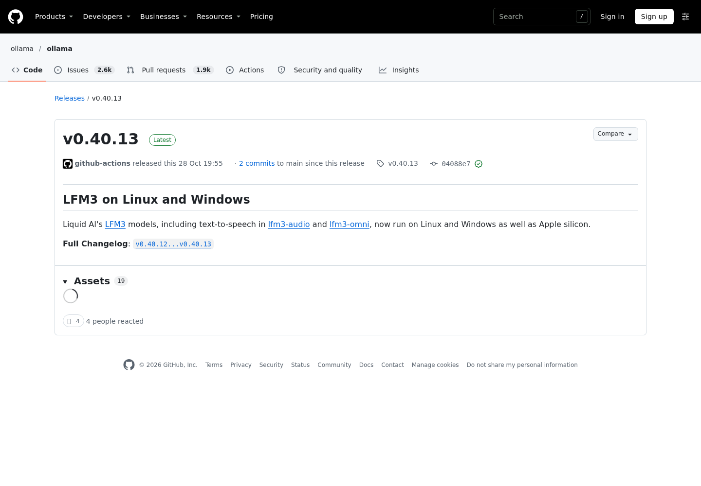 Ollama v0.40.13 release page on GitHub showing the release title, the 28 Oct 19:55 publish date and the note that Liquid AI's LFM3 models now run on Linux and Windows as well as Apple silicon.