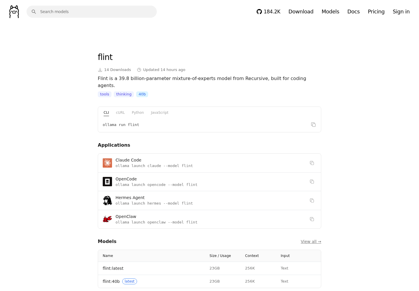 Ollama model library page for Flint showing the tools, thinking and 40b badges, the ollama run flint command, day-zero launch lines for Claude Code, OpenCode, Hermes Agent and OpenClaw, and flint:latest and flint:40b rows at 23GB with 256K context