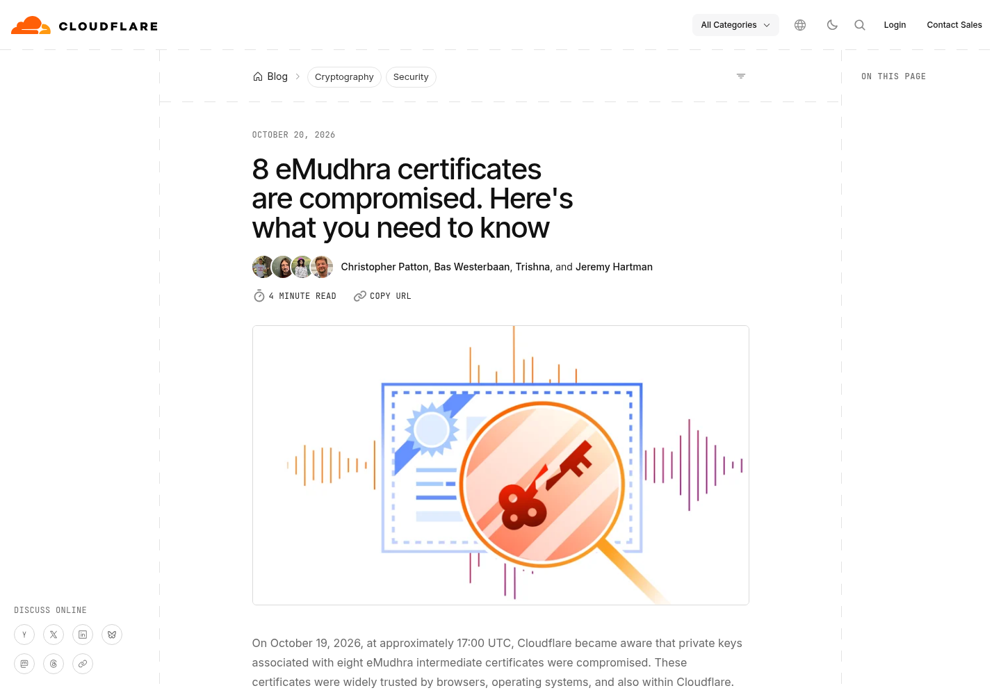 Cloudflare Blog post titled 8 eMudhra certificates are compromised. Here is what you need to know.