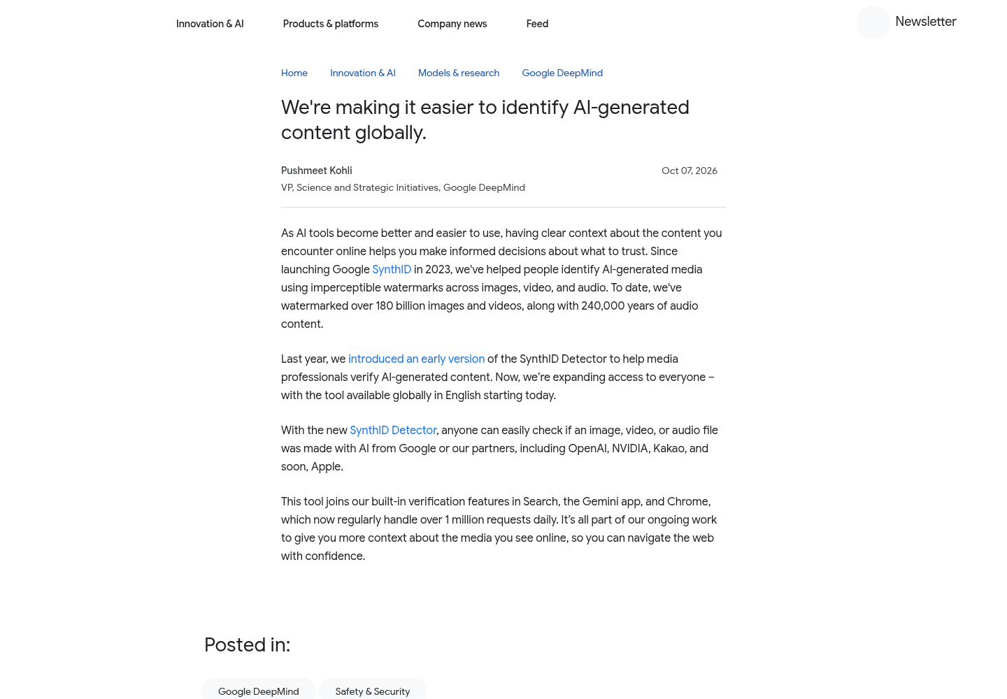 Google DeepMind blog post titled 'Google expands SynthID Detector for AI content,' dated Oct. 7, 2026, with the byline of VP Pushmeet Kohli.