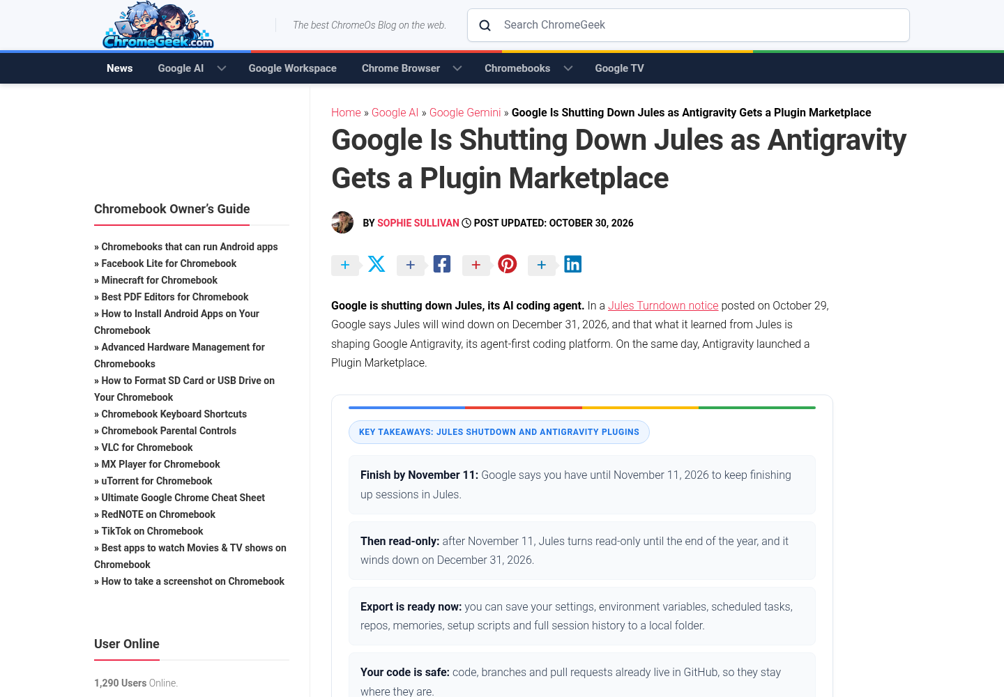 Chrome Geek article page reporting that Google is shutting down Jules as Antigravity gets a Plugin Marketplace.