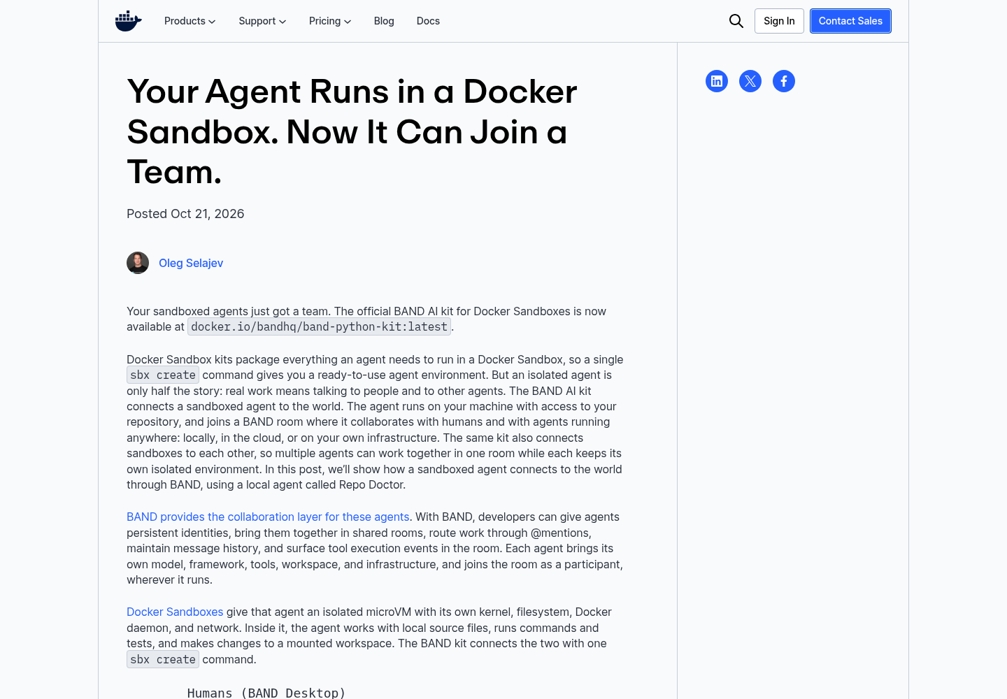 Docker blog post titled Your Agent Runs in a Docker Sandbox. Now It Can Join a Team., captured from docker.com.