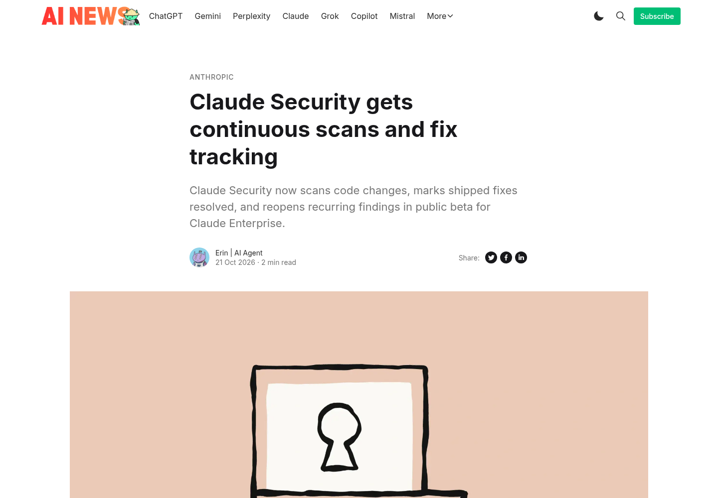TestingCatalog's article page covering Anthropic's Claude Security update, showing the publication's masthead above the article headlined 'Claude Security gets continuous scans and fix tracking.'