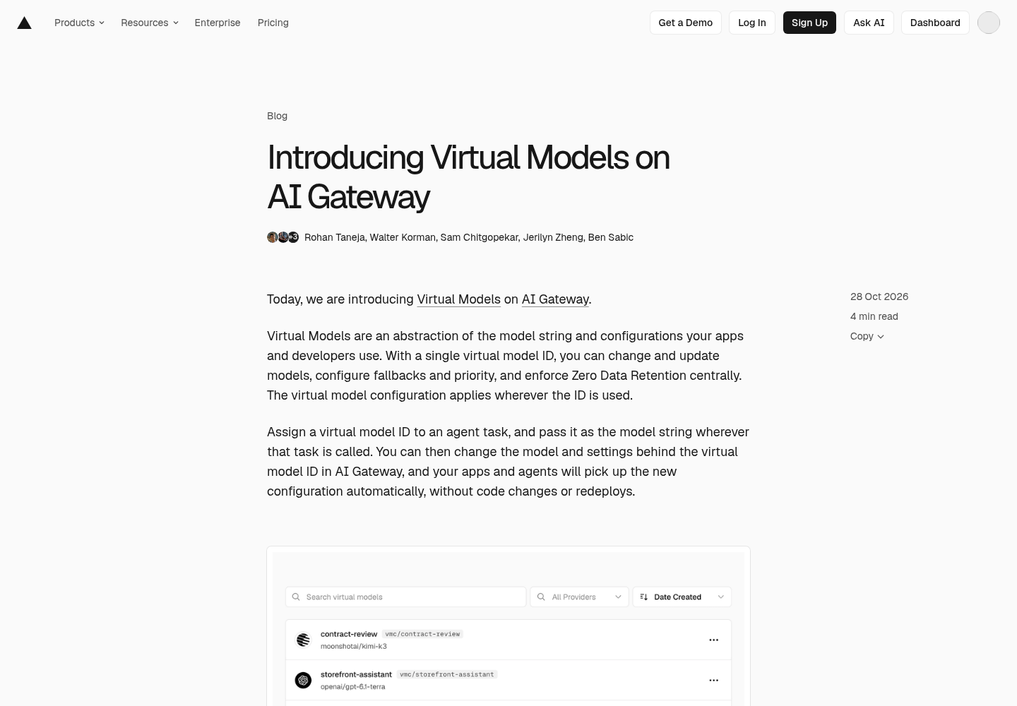 Vercel's announcement post, Introducing Virtual Models on AI Gateway, on vercel.com.