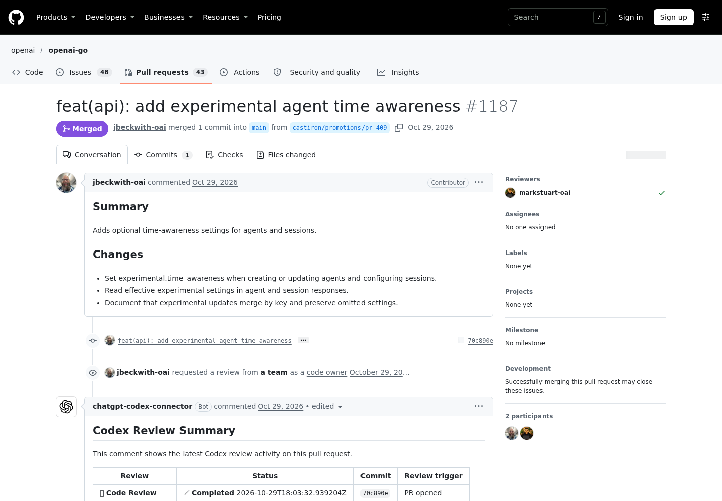 GitHub pull request page for openai-go PR #1187, titled feat(api): add experimental agent time awareness, showing it merged into main on Oct. 29, 2026