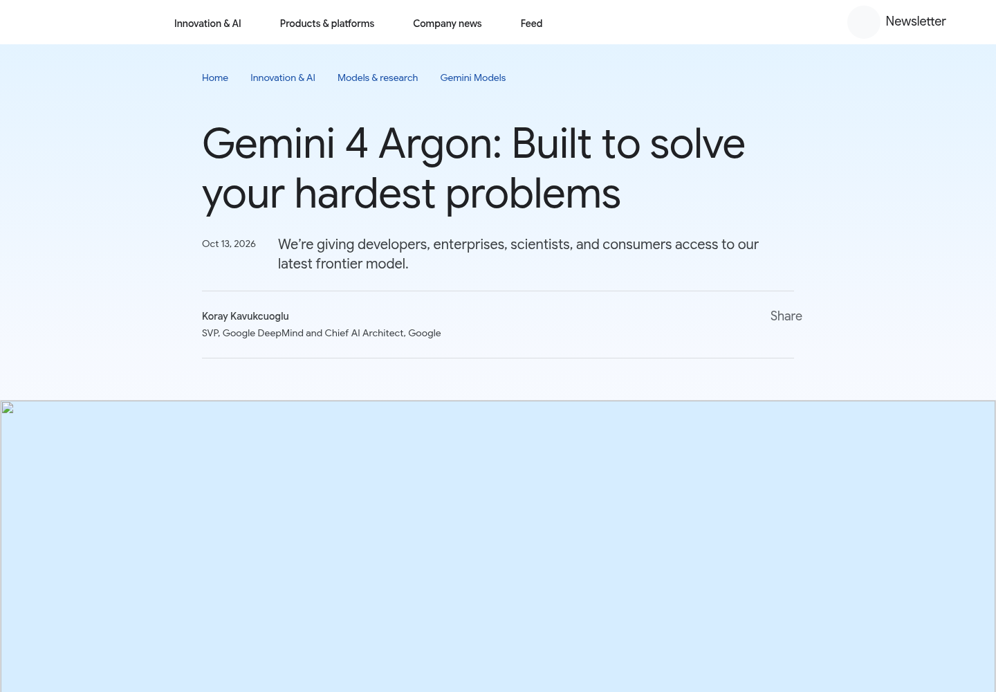 The Google blog announcement page for Gemini 4 Argon, dated October 13, 2026.