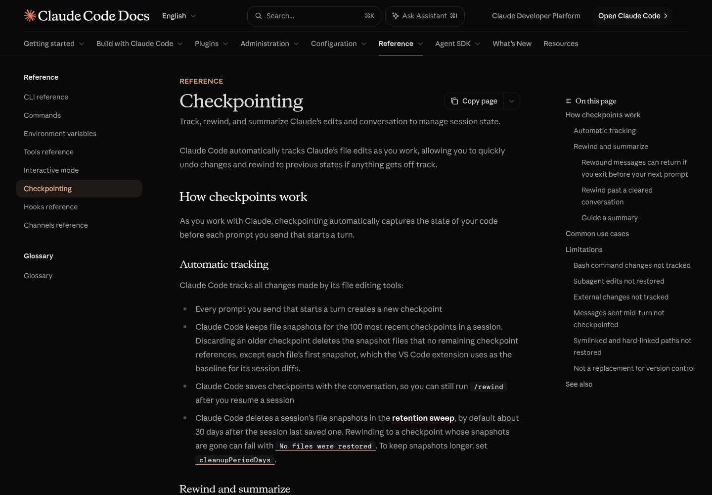 Anthropic's Claude Code Checkpointing documentation page on code.claude.com, showing the page title and its opening explanation of how Claude's file edits are tracked.