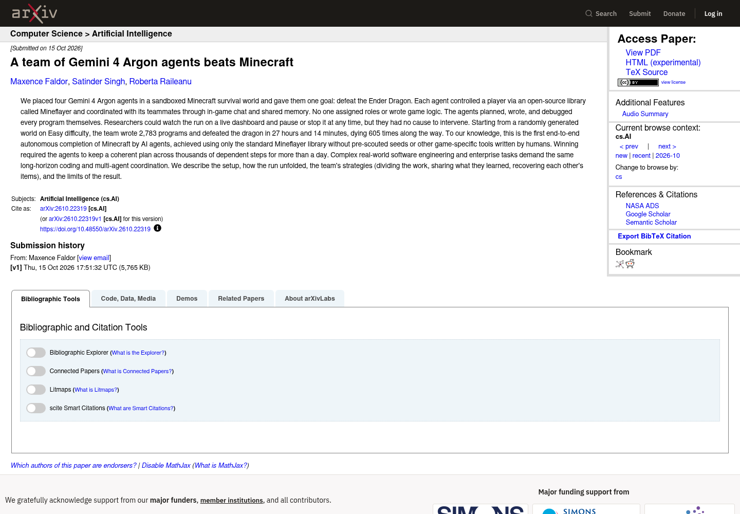 The arXiv abstract page for the paper 'A team of Gemini 4 Argon agents beats Minecraft,' showing its title, authors and abstract.