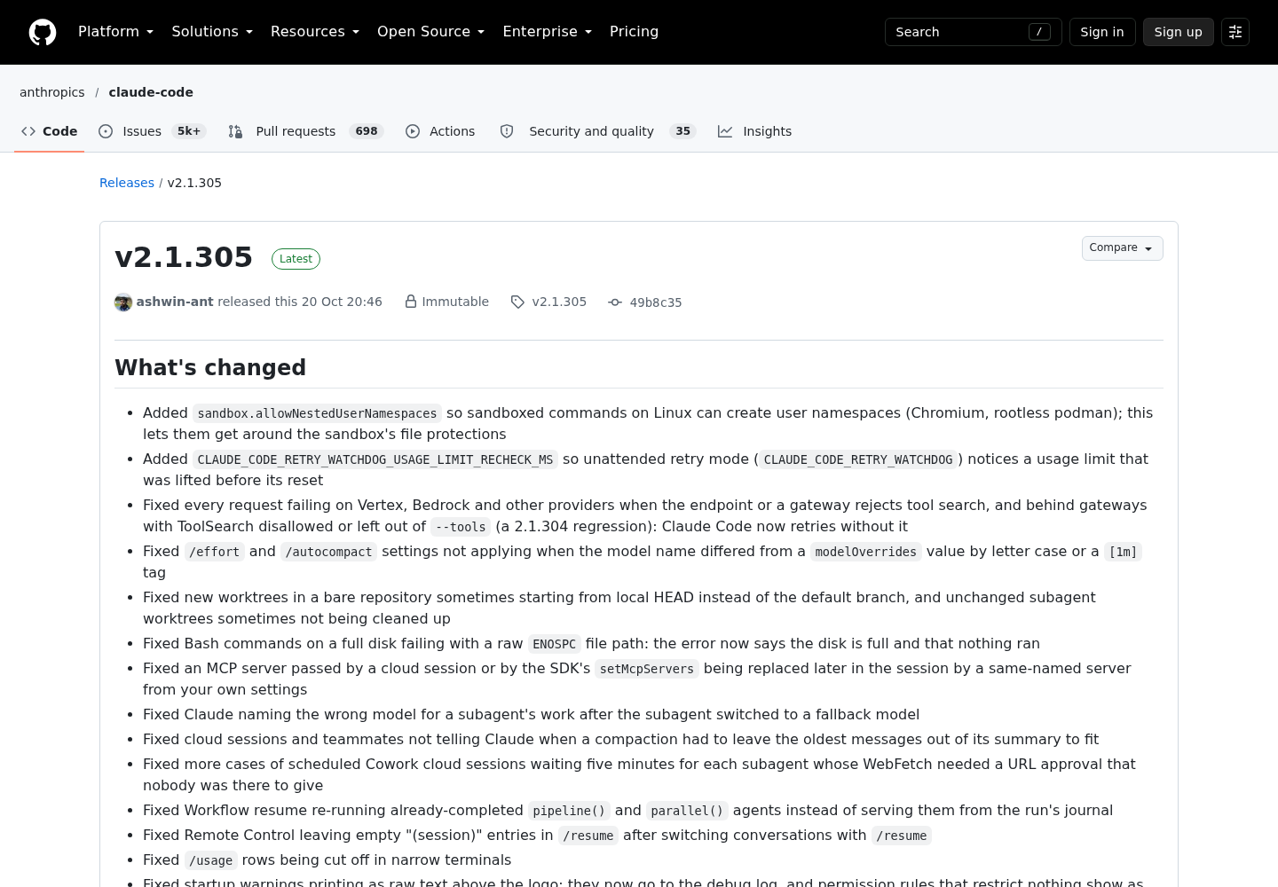 GitHub release page for anthropics/claude-code v2.1.305, showing the release header and the start of the What's changed list.
